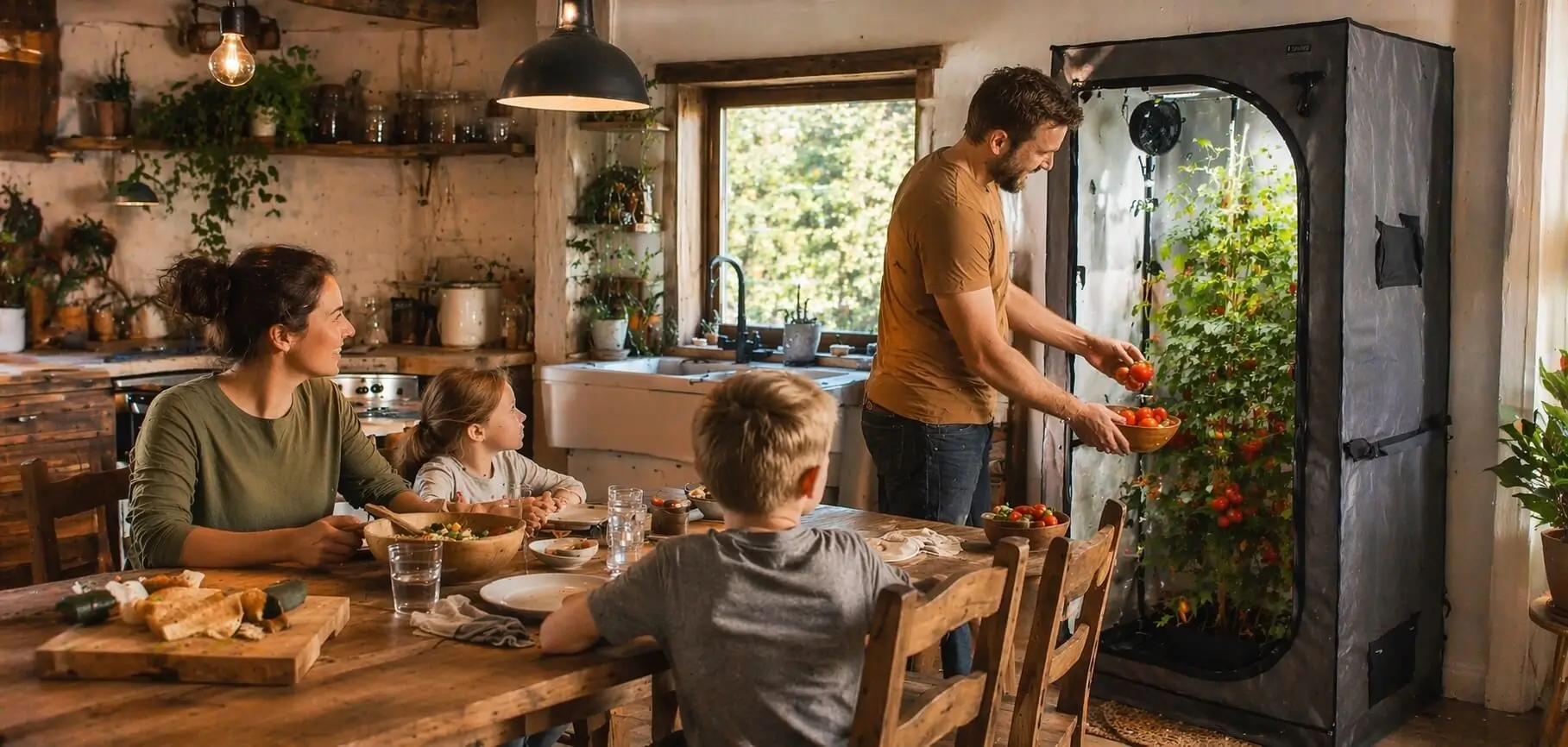 kweektent met led kweeklamp in keuken waar vader tomaten oogst terwijl gezin samen eet growshop